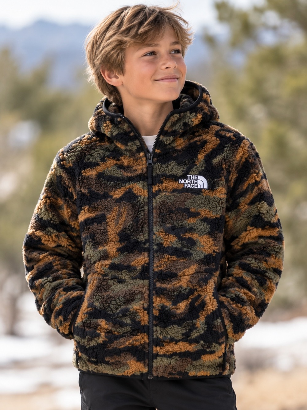 THE NORTH FACE Camo Hooded Campfire Sherpa Fleece Jacket